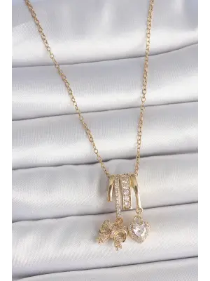 316L Çelik Gold Renk Sallantı Fiyonk Kalp Figür Charm Kadın Kolye