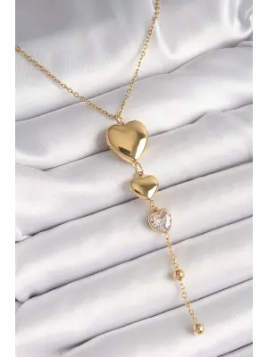 316L Çelik Gold Renk Sallantı Kalp Model Zirkon Taş Detaylı Kadın Kolye