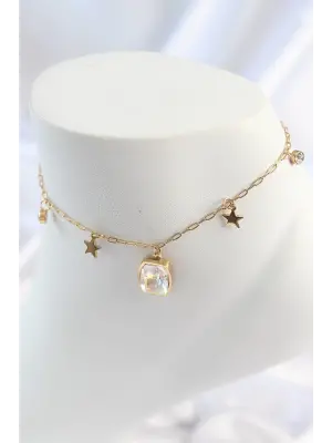 316L Çelik Gold Renk Sallantı Kare Zirkon Taş Figür Yıldız Detay Kadın Halhal