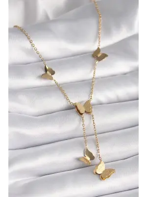  Altın  Sallantı Simli Kelebek Model  Çelik Kolye