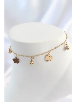 316L Çelik Gold Renk Sallantı Topçuk Yonca Model Kadın Halhal