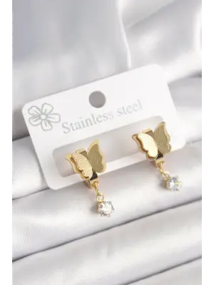 316L Çelik Gold Renk Sallantı Zirkon Taş Detaylı Simli Kelebek Model Kadın Küpe