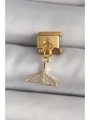 316L Çelik Gold Renk Sallantı Zirkon Taşlı Balık Kuyruğu Figür Nomination Charm