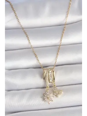 316L Çelik Gold Renk Sallantı Zirkon Taşlı Çiçek Kelebek Figür Charm Kadın Kolye
