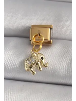 316L Çelik Gold Renk Sallantı Zirkon Taşlı Fil Model Nomination Charm