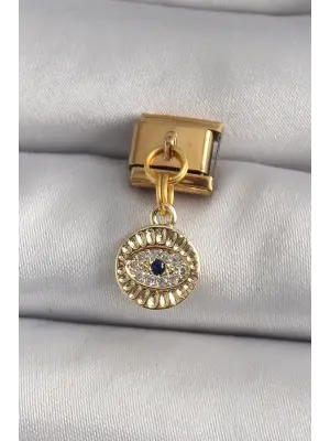 316L Çelik Gold Renk Sallantı Zirkon Taşlı Göz Model Nomination Charm