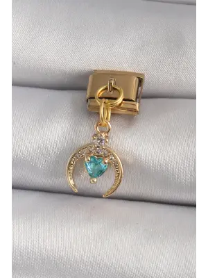 316L Çelik Gold Renk Sallantı Zirkon Taşlı Hilal Model Mavi Zirkon Taşlı Kalp Detay Nomination Charm