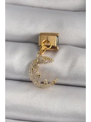 316L Çelik Gold Renk Sallantı Zirkon Taşlı Hilal Model Nomination Charm