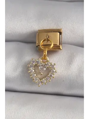 316L Çelik Gold Renk Sallantı Zirkon Taşlı Kalp Model Nomination Charm