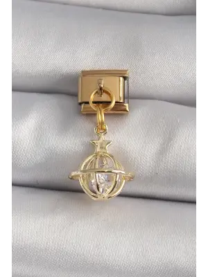 316L Çelik Gold Renk Sallantı Zirkon Taşlı Küre Model Yıldız Detay Nomination Charm