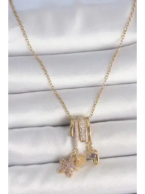 316L Çelik Gold Renk Sallantı Zirkon Taşlı Mor Taşlı Ayıcık Figür Charm Kadın Kolye