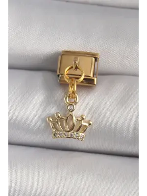 316L Çelik Gold Renk Sallantı Zirkon Taşlı Taç Model Nomination Charm