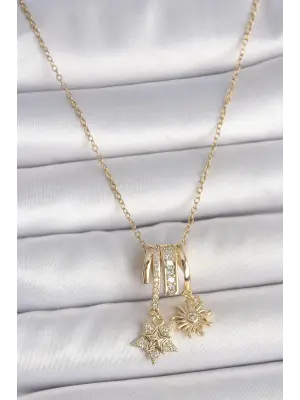 316L Çelik Gold Renk Sallantı Zirkon Taşlı Yıldız Güneş Figür Charm Kadın Kolye