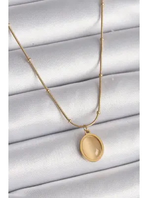  Altın  Sarı Kedi Gözü Sedefli Oval Model  Çelik Kolye