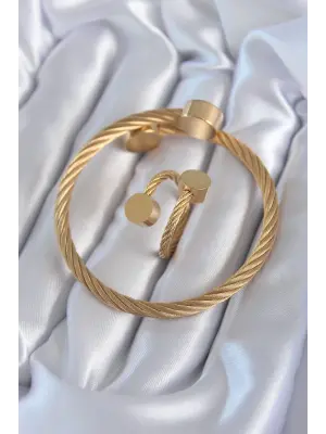 316L Çelik Gold Renk Sarmal Model Erkek Bileklik Yüzük Kombini