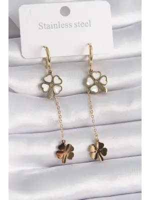   Altın Sedefli Yonca Model Zirkon Taş Detay Çelik Küpe