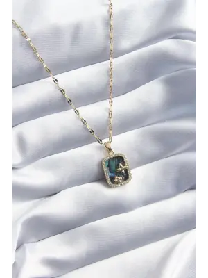 316L Çelik Gold Renk Sedefli Zirkon Taşlı Kare Model Kadın Kolye