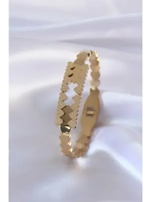 316L Çelik Gold Renk Simli Kalp Model Kadın Kelepçe