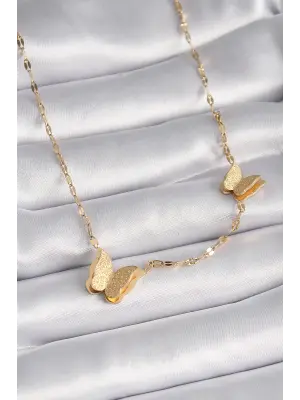  Altın  Simli Kelebek Model  Çelik Kolye