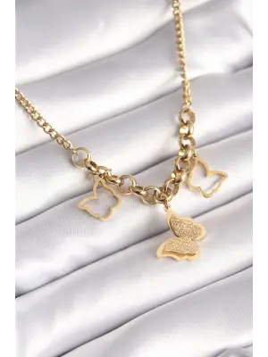  Altın  Simli Kelebek Model  Çelik Kolye