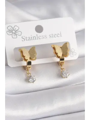   Altın Simli Kelebek Model Sallantı Zirkon Taş Detay Çelik Küpe