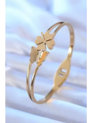 316L Çelik Gold Renk Simli Kelebek Yonca Model Kadın Kelepçe