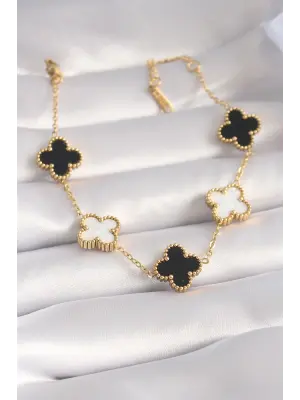 316L Çelik Gold Renk Siyah Beyaz Yonca Model Kadın Bileklik
