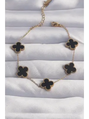 316L Çelik Gold Renk Siyah Mineli Yonca Bileklik