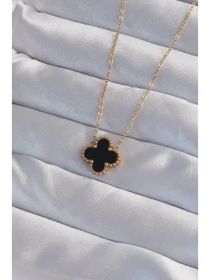  Altın  Siyah Mineli Yonca Çelik Kolye