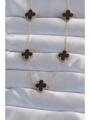  Altın  Siyah Mineli Yonca Çelik Kolye