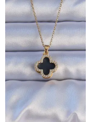  Altın  Siyah Mineli Zirkon Taşlı Yonca Figürlü Çelik Kolye