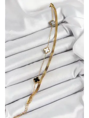 316L Çelik Gold Renk Siyah ve Beyaz Yoncalı İtalyan Zincirli 2li Kadın Bileklik