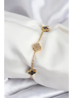 316L Çelik Gold Renk Siyah ve Zirkon Taşlı Baby Boy Yonca Kadın Bileklik