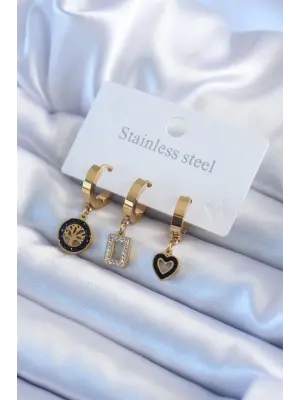 316L Çelik Gold Renk Siyah Yaşam Ağacı Model Zirkon Taş Detay Kadın Küpe