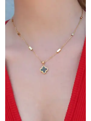  Altın  Siyah Yonca Figür  Çelik Kolye