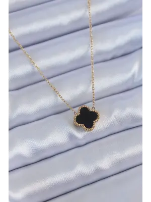 316L Çelik Gold Renk Siyah Yonca Model Kadın Kolye