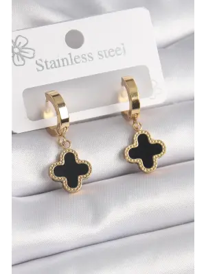   Altın Siyah Yonca Model Çelik Küpe