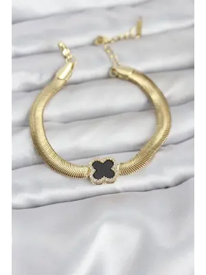 316L Çelik Gold Renk Siyah Yonca Model Zirkon Taşlı Yılan Zincirli Kadın Bileklik