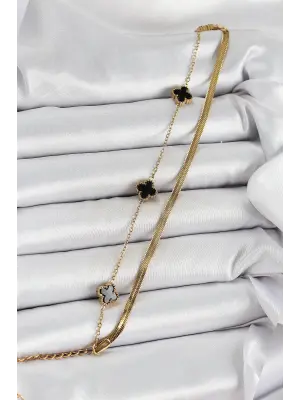 316L Çelik Gold Renk Siyah Yoncalı İtalyan Zincirli 2li Kadın Bileklik