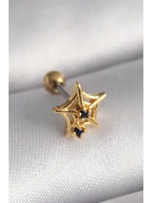 316L Çelik Gold Renk Siyah Zirkon Taş Detay Örümcek Ağ Model Tragus Piercing