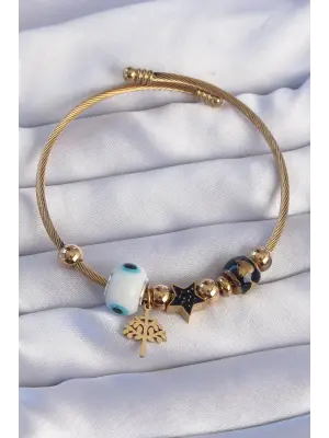 316L Çelik Gold Renk Siyah Zirkon Taşlı Yıldız Tasarımlı Ağaç Detay Nazarlı Charm Bileklik