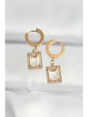   Altın Taşlı Dikdörtgen Model Küpe