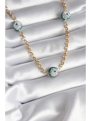  Altın  Taşlı Nazar Boncuklu  Çelik Kolye