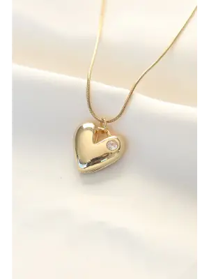  Altın  Tek Taşlı Kalp Çelik Kolye