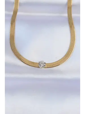  Altın  Tek Zirkon Taşlı İtalyan Zincir Çelik Kolye