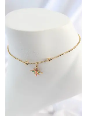 316L Çelik Gold Renk Topçuk Detay Renkli Çiçek Model Kadın Halhal