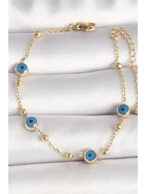 316L Çelik Gold Renk Topçuk Detaylı Zincir Nazar Boncuk Model Kadın Bileklik