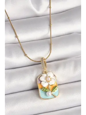 316L Çelik Gold Renk Topçuk Zincir Renkli Beyaz Çiçek Portre Model İnci Detay Kadın Kolye