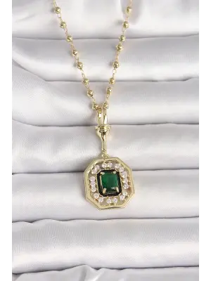 316L Çelik Gold Renk Topçuk Zincir Yeşil Taşlı Seranay Model Kadın Kolye
