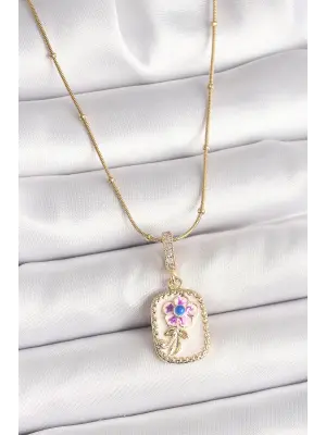 316L Çelik Gold Renk Topçuk Zincir Zirkon Taş Detaylı Beyaz Sedefli Çiçek İşleme Portre Model Kadın Küpe